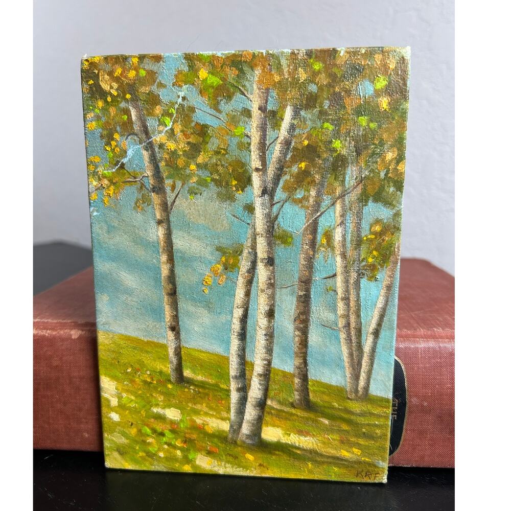 Vtg unframed - Canvas Mat- 7x5"- trees- original painting art light blue green